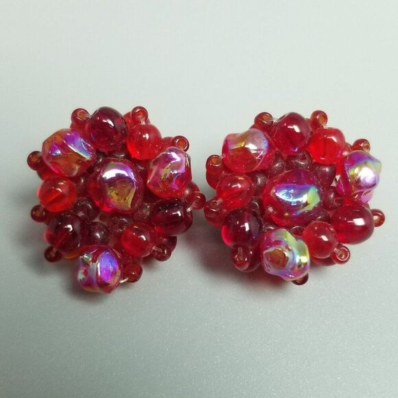 Vintage Retro Red Glass Beaded Cluster Clip On Earrings, Made in West Germany - Picture 6 of 7